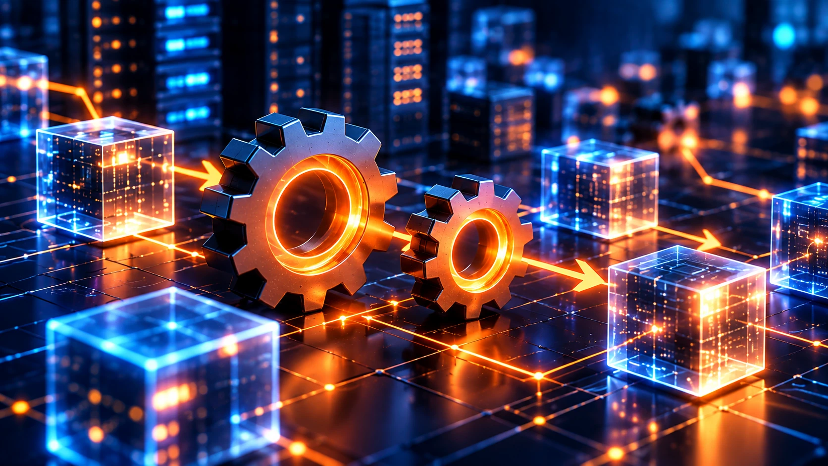 Engrenagens conectadas a cubos tecnológicos por fluxos luminosos, representando automação de processos